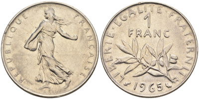 Франция 1 франк 1965 сеятель KM 925.1, Le Franc 226.9 никель    4177-243