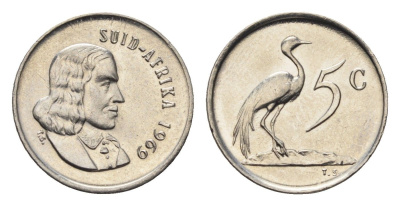 ЮАР 5 центов 1969 Ян ван Рибек (1619-1677), Suid Africa, легенда на африкаанс, райский журавль KM 67.2 медно-никель UNC 4690-939
