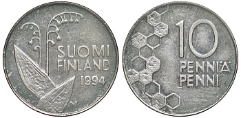 ФИНЛЯНДИЯ 10 ПЕННИ 1994 M, ЛАНДЫШ KM 65 медно-никель 3334-1152