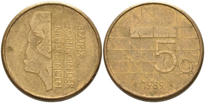 Нидерланды 5 гульденов 1989 Беатрикс (1980-2013) KM 210 никель плакированный бронзой 4572-844