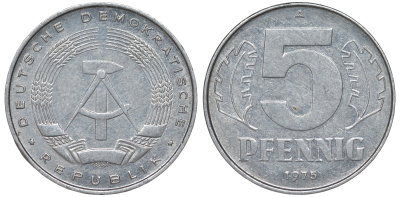 ГДР 5 ПФЕННИГОВ 1975 A KM 9.1 алюминий 62-326