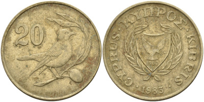 Кипр 20 центов 1983 птичка KM 57.1 никель латунь 4140-646