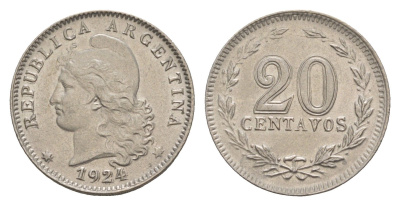 Аргентина 20 сентаво 1924 KM 36 медно-никель 4655-624
