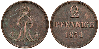 Брауншвейг-Каленберг-Ганновер 2 пфеннига 1854 B, Георг V (1851-1866) KM 217,aKS 152, J. 84 медь 4142-213