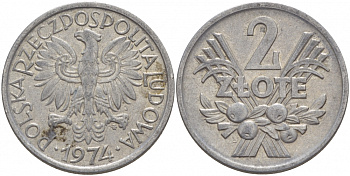 ПОЛЬША 2 ЗЛОТЫХ 1974 MW KM 46 алюминий 4545-345