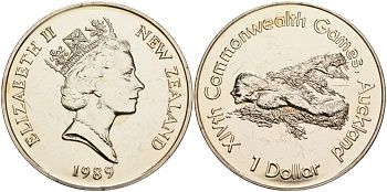 Новая Зеландия 1 доллар 1989 XIV Игры Содружества наций, плавание, Елизавета II (1952-2022) KM 69 медно-никель UNC 73-535