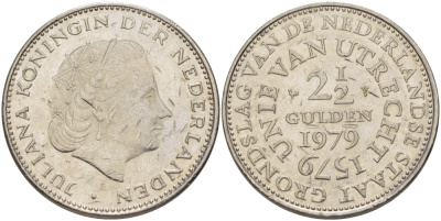 Нидерланды 2 1/2 гульдена 1979 400 лет Утрехтскому союзу, Юлиана (1949-1980) KM 197 никель 82-1226