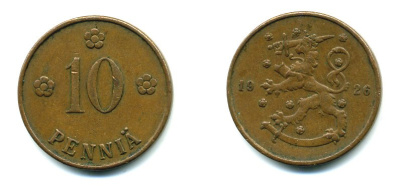Финляндия 10 пенни 1926 республика (1918-1962) KM 24 медь 46-1531