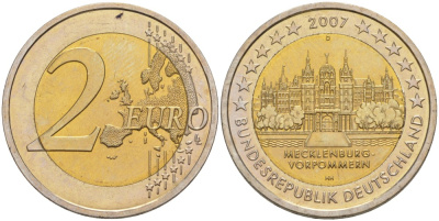 ФРГ 2 евро 2007 D, серия федеральные земли, Мекленбург-Передняя Померания, Шверинский замок KM 260 биметалл UNC 4111-741