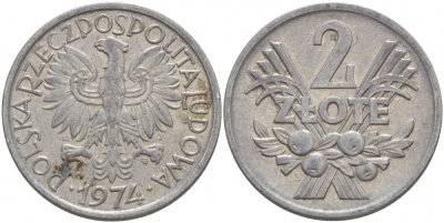 Польша 2 злотых 1974 MW KM 46, Parchimowicz 216h алюминий 4545-345