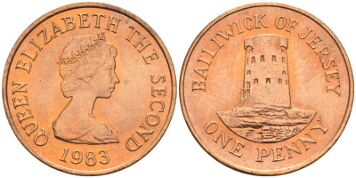 Джерси 1 пенни 1983 башня Святого Клемена KM 54 бронза UNC 4582-155