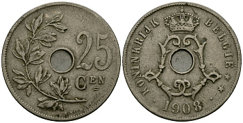 Бельгия 25 сантимов 1908 BELGIE KM 63 медно-никель 4172-121