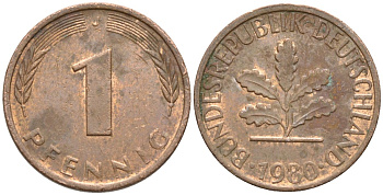 ФРГ 1 пфенниг 1980 J KM 105, J.380 сталь плакированная медью 4174-623