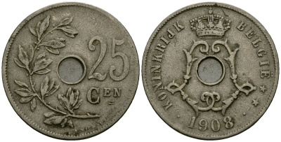 Бельгия 25 сантимов 1908 BELGIE KM 63 медно-никель 4172-121