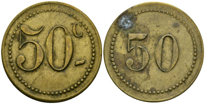 Франция 50 сантимов XIX-XX век ресторанный жетон латунь 4166-1241