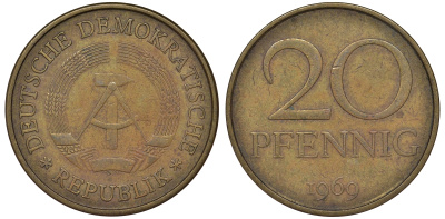 ГДР 20 пфеннигов 1969 А, первый год KM 11 латунь 62-1213