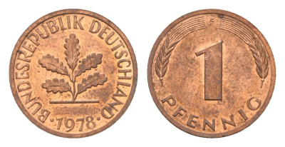 ФРГ 1 пфенниг 1978 F KM 105, J. 380 сталь плакированная медью UNC 4669-1239