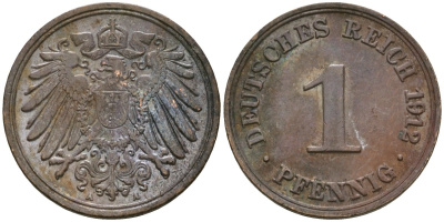 Германия 1 пфенниг 1912 A, Вильгельм II (1888-1918) KM 10, J. 10 медь 4608-122