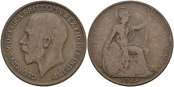 Великобритания 1 пенни 1918 Георг V (1910-1936) KM 810, Spink 4051 бронза 4144-823