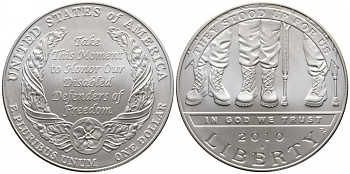 США 1 доллар 2010 W, американские ветераны-инвалиды KM 479 серебро UNC 02-262-41