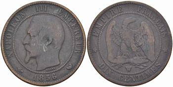 ФРАНЦИЯ 10 САНТИМОВ 1856 W, НАПОЛЕОН III (1852-1870) KM 771.7, LE FRANC 133.38 бронза 38-1233