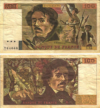 ФРАНЦИЯ 100 ФРАНКОВ 1983 ДЕЛАКРУА Pick 154b бумага 8589-42-1-2