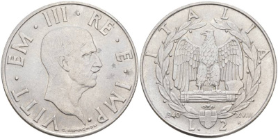 ИТАЛИЯ 2 ЛИРЫ 1940 R, ГОД XVIII, ВИКТОР ЭММАНУИЛ III (1900-1946), МАГНИТНАЯ, ГУРТ РИФЛЁНЫЙ KM 78b, VEM3. 1154 нержавеющая сталь 3855-243