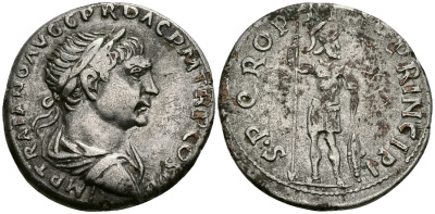 Римская Империя денарий 103 - 104 Траян SPQR OPTIMO PRINCIPI МАРС Рим Good Very fine (денарий плакированный) RIC 161 плакировка серебром 1073-4-6-6