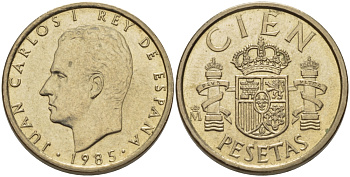 ИСПАНИЯ 100 ПЕСЕТ 1985 ХУАН КАРЛОС I (1975-) KM 826 алюминиевая бронза 67-926