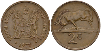 ЮАР 2 цента 1977 герб, антилопа гну KM 83 бронза 67-335