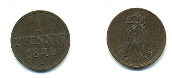 Ганновер 1 пфенниг 1846 B, Эрнст Август (1837-1851) KM 201.1, AKS 129, J. 74 медь 35-818