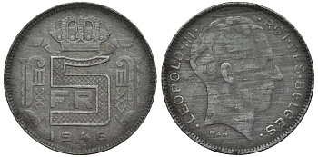 БЕЛЬГИЯ 5 ФРАНКОВ 1946 BELGES, ГЕРМАНСКАЯ ОККУПАЦИЯ, ВТОРАЯ МИРОВАЯ ВОЙНА KM 129.1 цинк 27-954