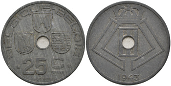 БЕЛЬГИЯ 25 САНТИМОВ 1943 BELGIQUE - BELGIE, ГЕРМАНСКАЯ ОККУПАЦИЯ, ВТОРАЯ МИРОВАЯ ВОЙНА KM 131 цинк 4563-1024