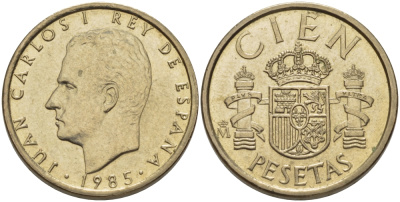 ИСПАНИЯ 100 ПЕСЕТ 1985 ХУАН КАРЛОС I (1975-) KM 826 алюминиевая бронза 67-926