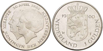 Нидерланды 1 гульден 1980 на коронацию Беатрикс, 30 апреля 1980 KM 200 никель 31-823