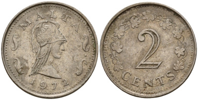 Мальта 2 цента 1972 Пентесилея, царица амазонок KM 9 медь цинк 4154-645