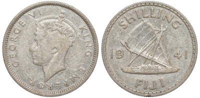 Фиджи 1 шиллинг 1941 Георг VI (1936-1952), парусник KM 12 серебро    91-1045