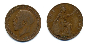 Великобритания 1 пенни 1921 Георг V (1910-1936) KM 810, Spink 4051 бронза 47-634