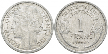 ФРАНЦИЯ 1 ФРАНК 1959 ТИП MORLON, LEGERE KM 885a.1, LE FRANC 221.23 алюминий 4402-926