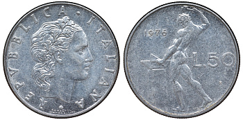 Италия 50 лир 1976 R, бог Вулкан у наковальни KM 95.1 нержавеющая сталь 4142-1141