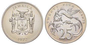 Ямайка 25 центов 1972 FM, тираж 8.382 экземпляра KM 56 медно-никель BU 4634-222