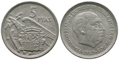 ИСПАНИЯ 5 ПЕСЕТ 1957 (58) ФРАНСИСКО ФРАНКО ДИКТАТОР ИСПАНИИ (1939-1975) KM 786 медно-никель 4364-2041