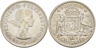 Австралия 1 флорин 1958 Елизавета II (1952-2022), герб Австралии KM 60 серебро 4512-1236