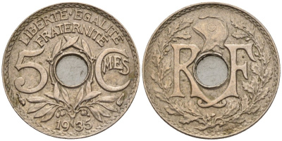 Франция 5 сантимов 1935 KM 875 медно-никель 4596-628