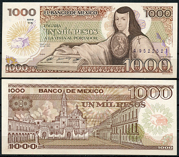 Мексика 1000 песо 1985 Хуана Инес де ла Крус, площадь Санто-Доминго серия YK Pick 85  бумага  UNC (пресс) 447-121-3