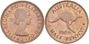 Австралия 1/2 пенни 1964 p, Елизавета II (1952-2022), кенгуру KM 61 бронза 4514-844