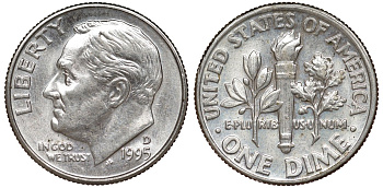 США 10 центов = 1 дайм 1995 Рузвельт, "D" - Денвер KM 195a медь плакированная медно-никелем 4173-653