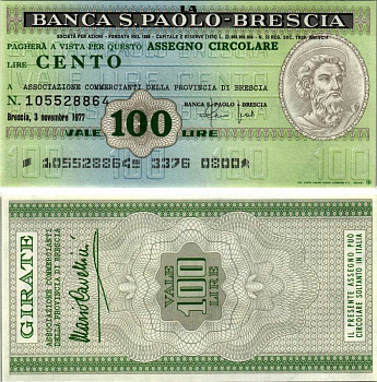 Италия 100 лир 1977 3 ноября 1977 Banca S.Paolo-Brescia бумага UNC (пресс) 7221-28-3-1