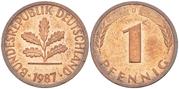 ФРГ 1 ПФЕННИГ 1987 D KM 105, J. 380 сталь плакированная медью 4181-666
