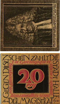 ГАЛЛЕ 20 ПФЕННИГОВ 1921 НОТГЕЛЬД, TOMASIUS, ЗЕМЛЯ САКСОНИЯ-АНХАЛЬТ Grabowski 509.1а бумага 7547-79-2-1